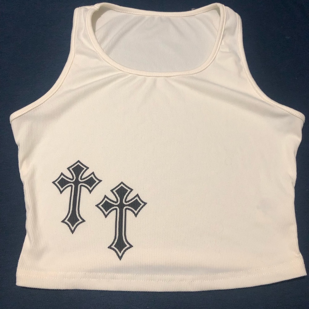 Cream color cropped top with black cross detail, size small